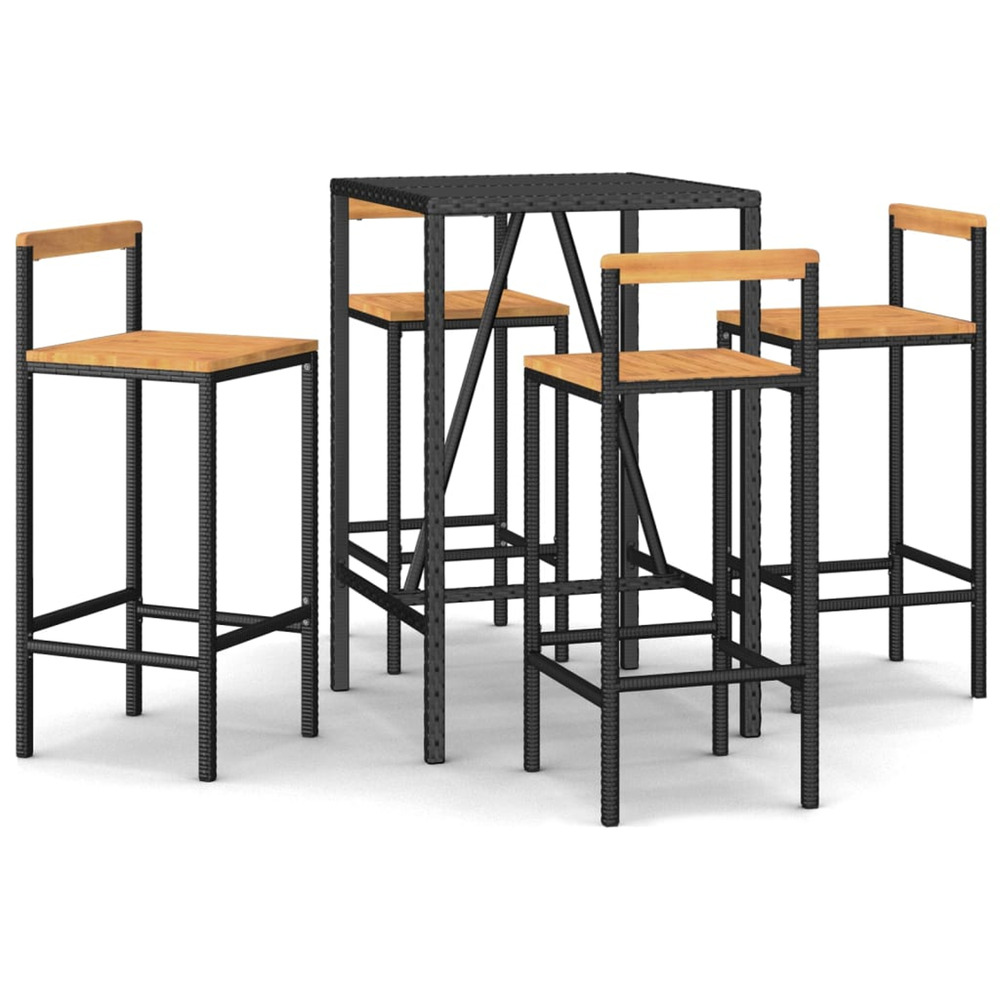 Ensemble de bar jardin 5 pcs noir poly rotin/bois massif acacia