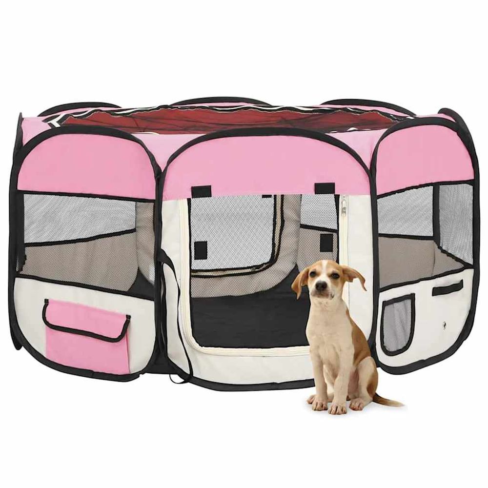 Grand parc pliable pour chien 125cm en tissu avec sac pour voyage et maison rose