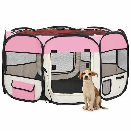 Grand parc pliable pour chien 125cm en tissu avec sac pour voyage et maison rose