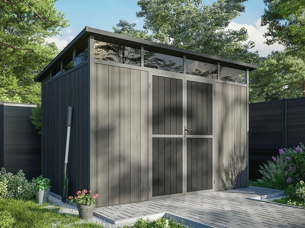 Abri de jardin bois composite 7,5m2 gris 363x223x227cm evora - cabane a outils - local a vélo