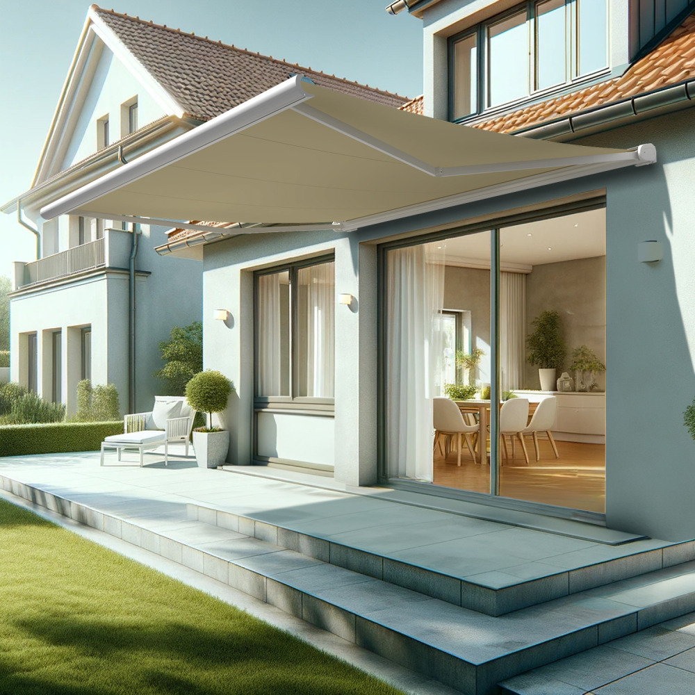 Store banne coffre intégral hevoa 4,10x3,50 m (manuelle - blanc satiné ral9010 - écru)