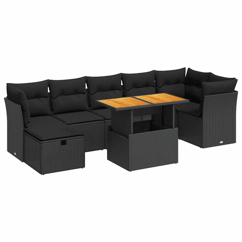 Salon de jardin avec coussins 8 pcs noir résine tressée acacia