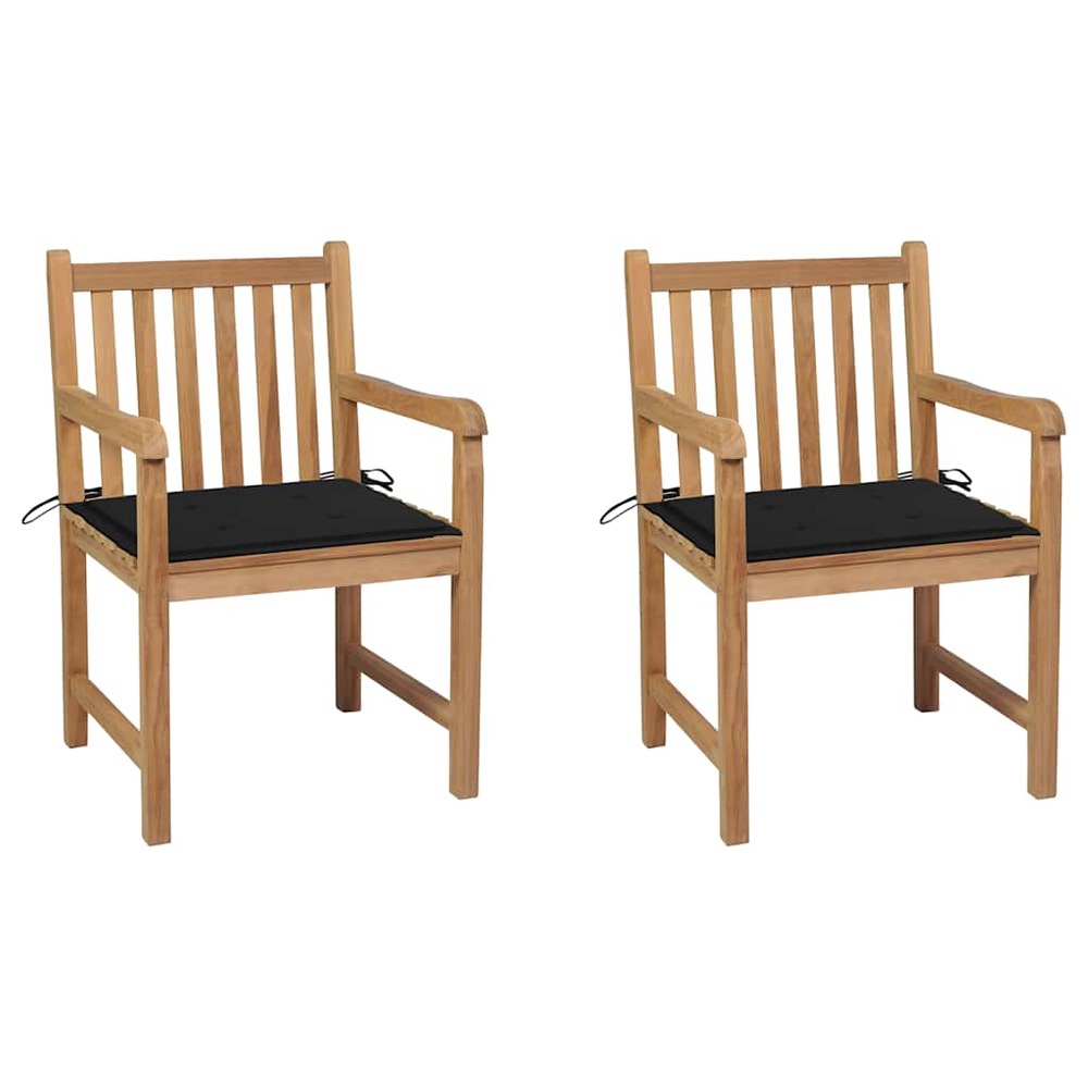 Chaises de jardin lot de 2 et coussins noir bois de teck massif