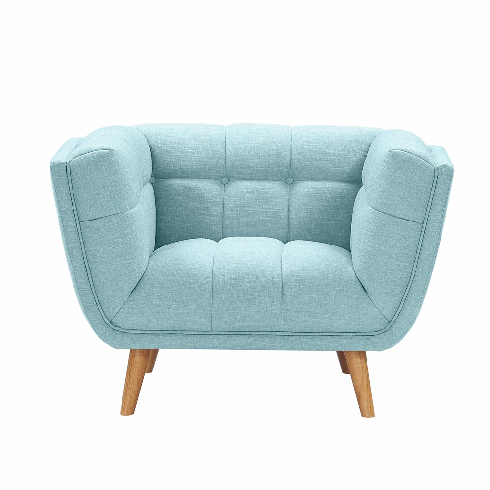 Carmen-fauteuil capitonné en tissu bleu clair