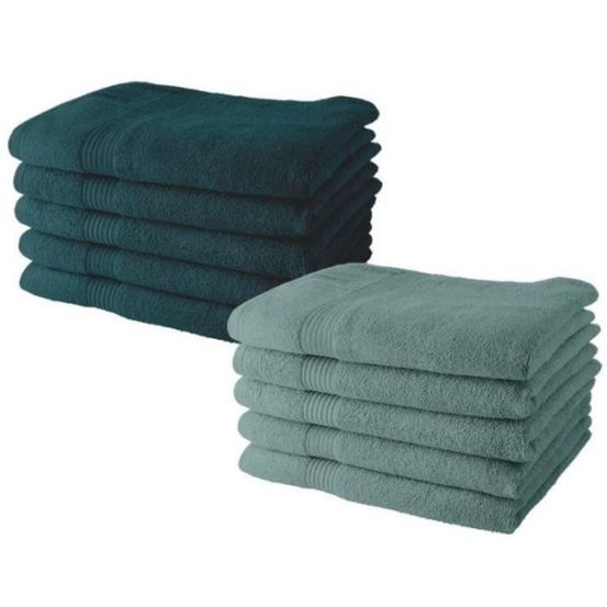 Lot de 10 serviettes de toilette 50x90 cm 100% coton - 5 paon + 5 celadon