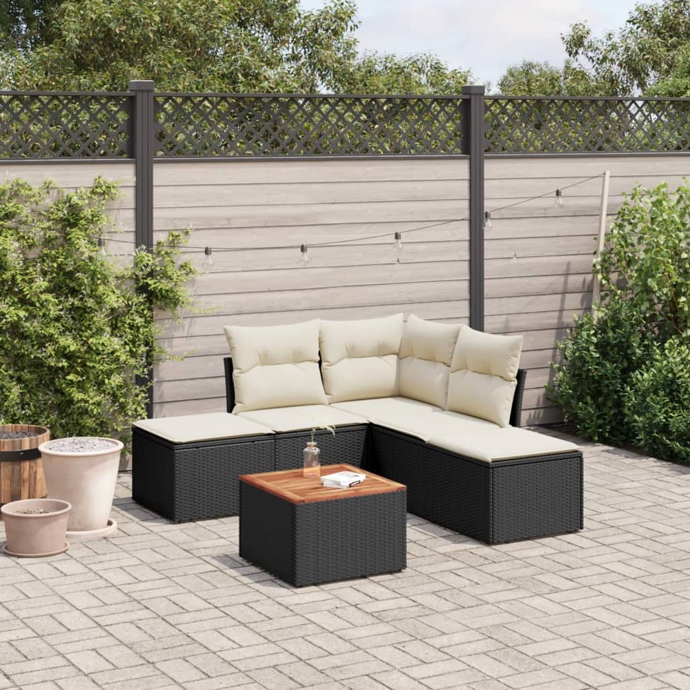Salon de jardin 6 pcs avec coussins noir résine tressée