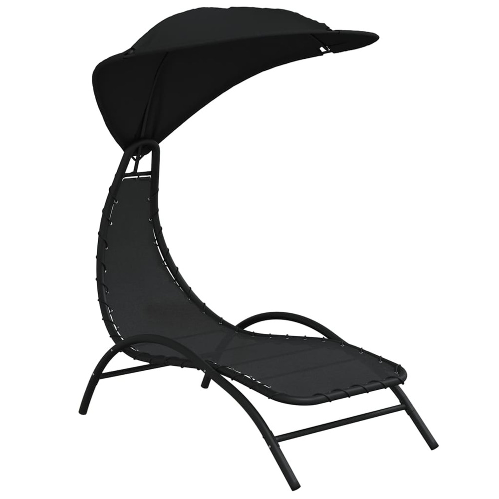 Chaise longue avec auvent noir 167x80x195 cm tissu et acier bain de soleil