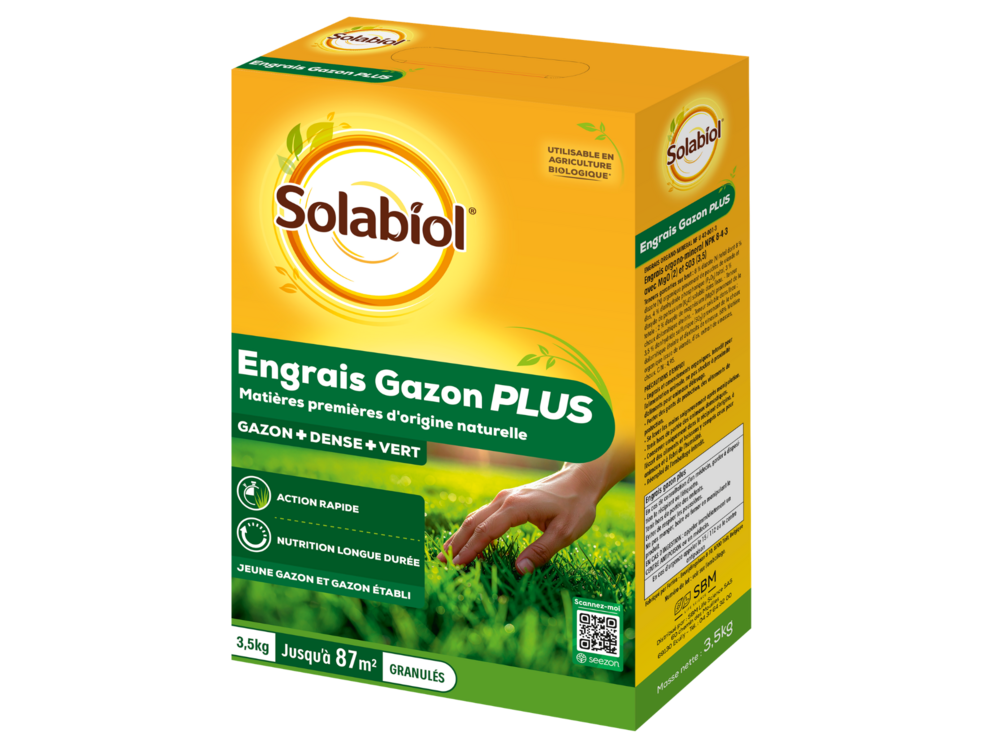 Solabiol engrais gazon plus - 3,5 kg - granulés - jusqu'à 87m² - nutrition longue durée - gazon dense & vert - action rapide
