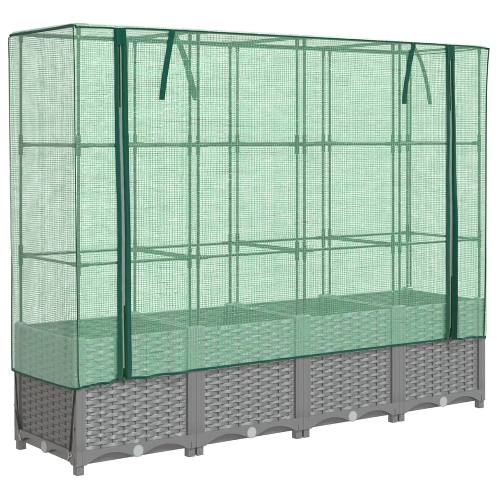 Jardinière bac lit surélevé plantes fleurs terrasse jardin surélevée avec housse aspect rotin 160 x 40 x 138 cm gris clair 02