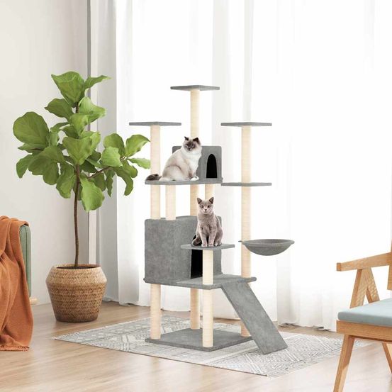 Grand arbre à chat 154 cm avec 2 niches et hamac en sisal gris clair