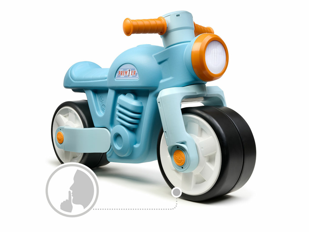 Draisienne vintage moto bleue avec larges roues silencieuses 1 à 3 ans