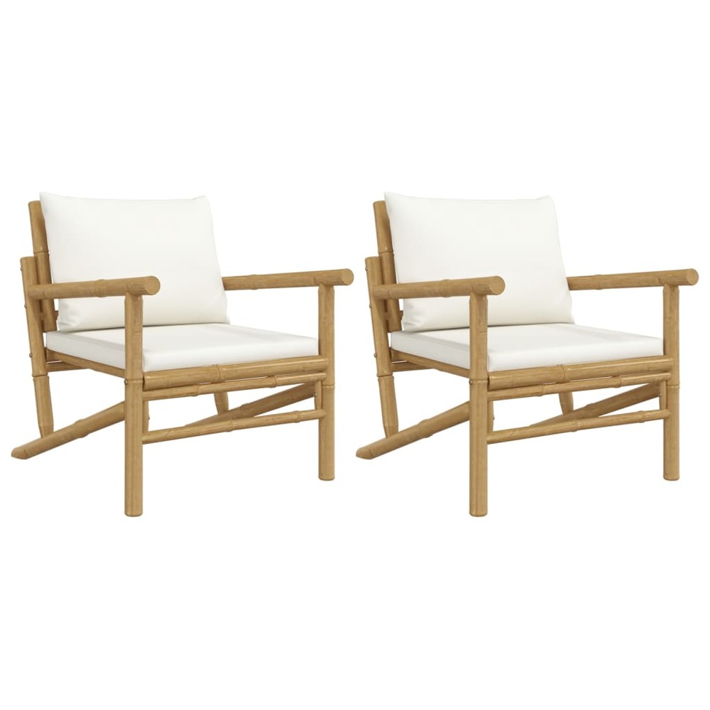 Chaises de jardin lot de 2 avec coussins blanc crème bambou