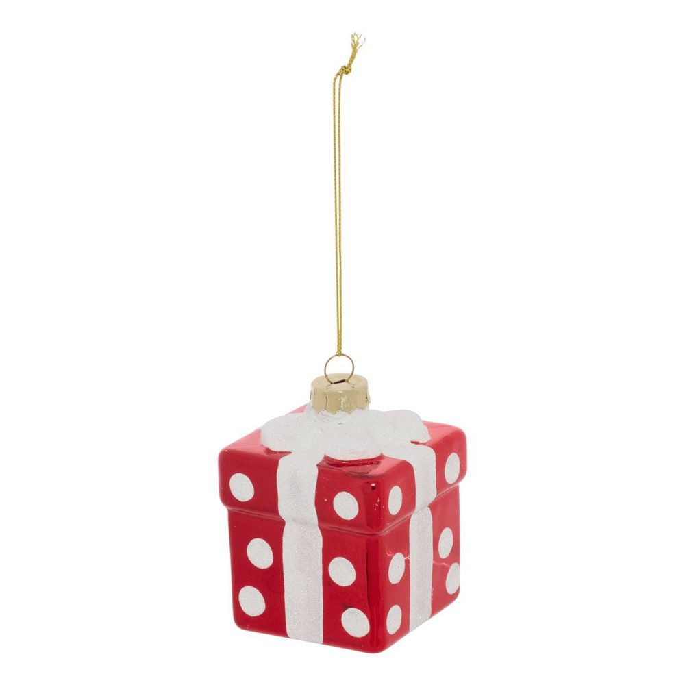 Suspension de sapin cadeau en verre rouge et blanc 7 cm