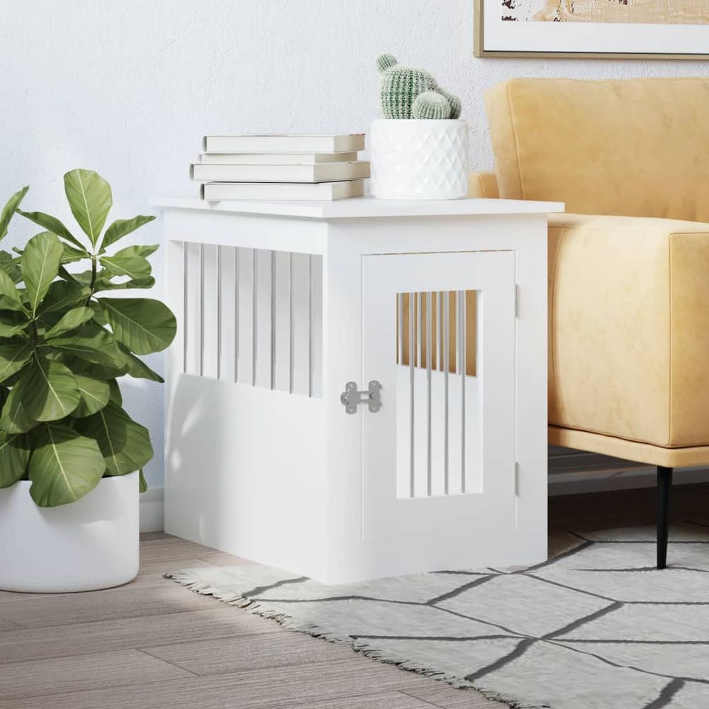 Meuble cage chien bois et acier table d'appoint pour salon blanc 59cm