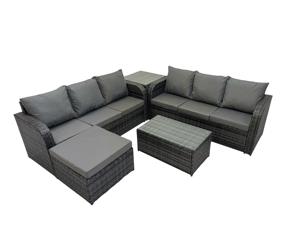 Ensemble de meubles de jardin en polyrotin 7 places avec table basse rectangulaire canapé 3 places table d'appoint