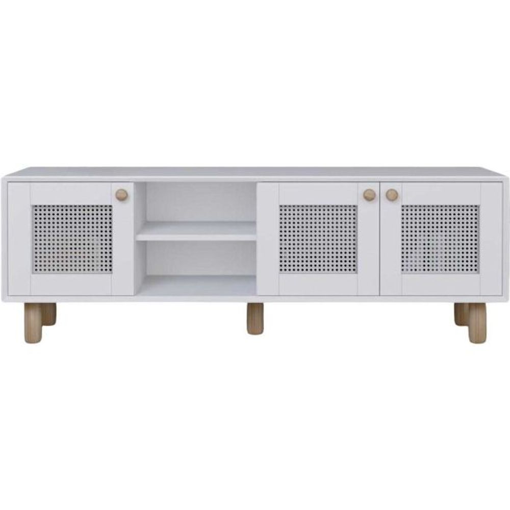 Meuble tv 3 portes en aggloméré bohemian blanc avec cannage blanc