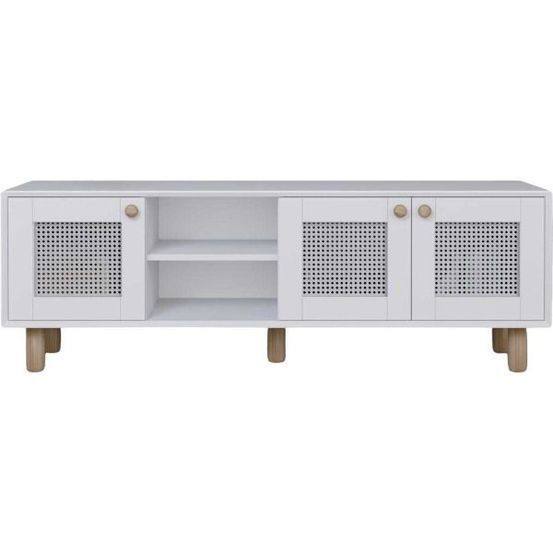 Meuble tv 3 portes en aggloméré bohemian blanc avec cannage blanc