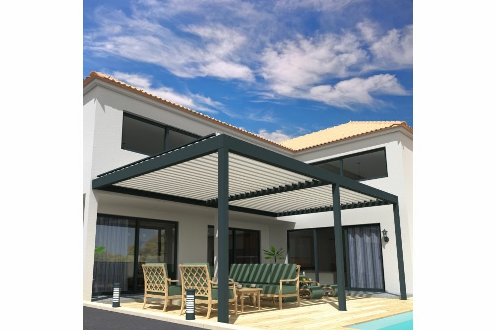 Pergola bioclimatique cocoon mixte gris anthracite / blanc 8,00x3,563m verin + led
