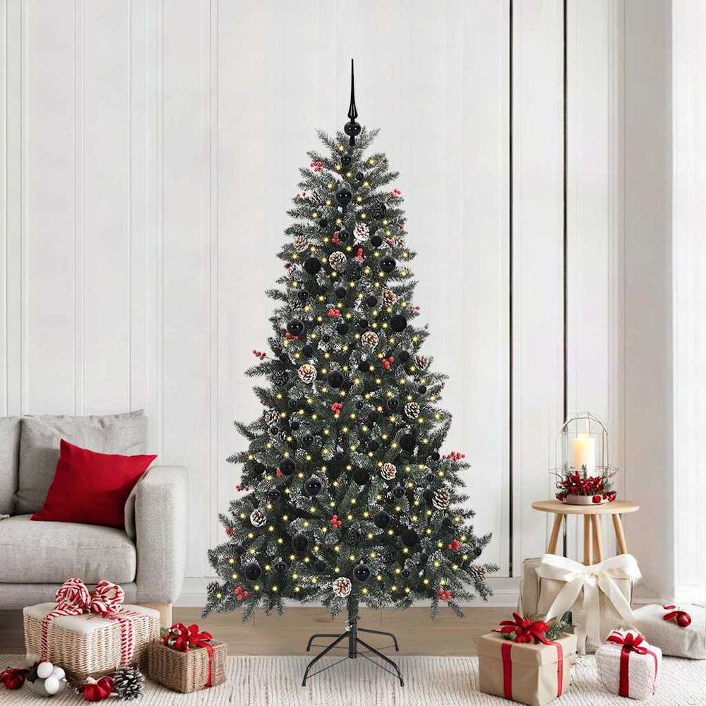 Sapin de noël artificiel 210cm vert, ambiance hivernale avec neige, 300 led et 120 boules