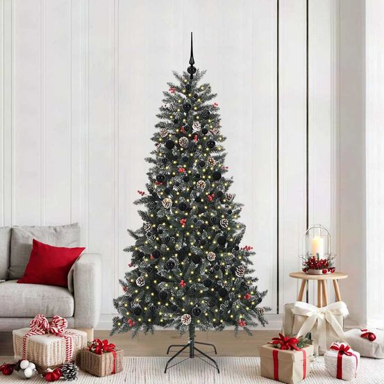 Sapin de noël artificiel 210cm vert, ambiance hivernale avec neige, 300 led et 120 boules