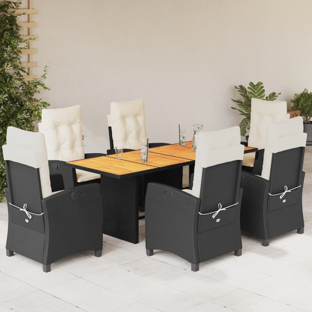 Ensemble à manger de jardin coussins 7pcs noir résine tressée