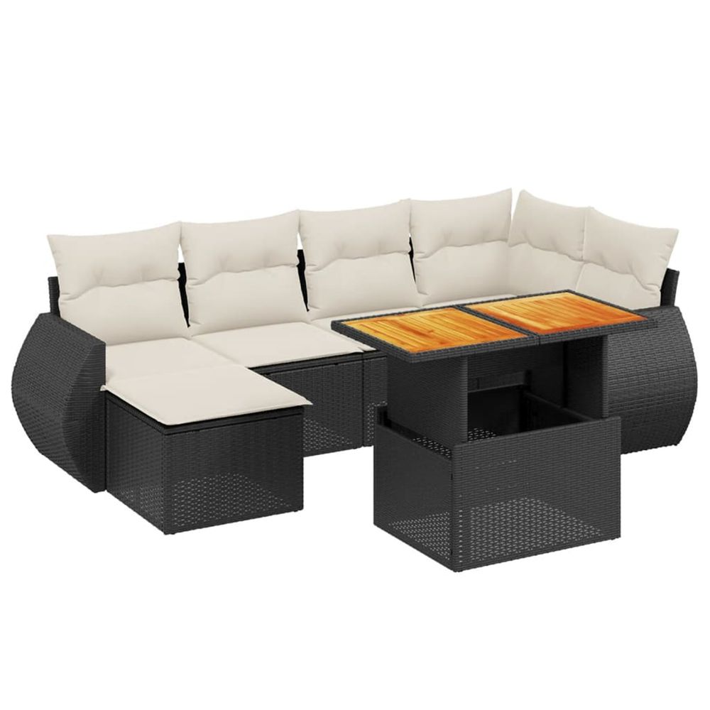 Salon de jardin 7 pcs avec coussins noir résine tressée