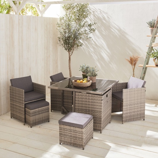 Table de jardin 4-8 places nuances de gris coussins gris chiné. Table encastrable + housse de protection gris foncé polyester
