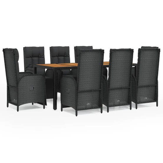 Ensemble à manger jardin 9pcs et coussins noir résine tressée
