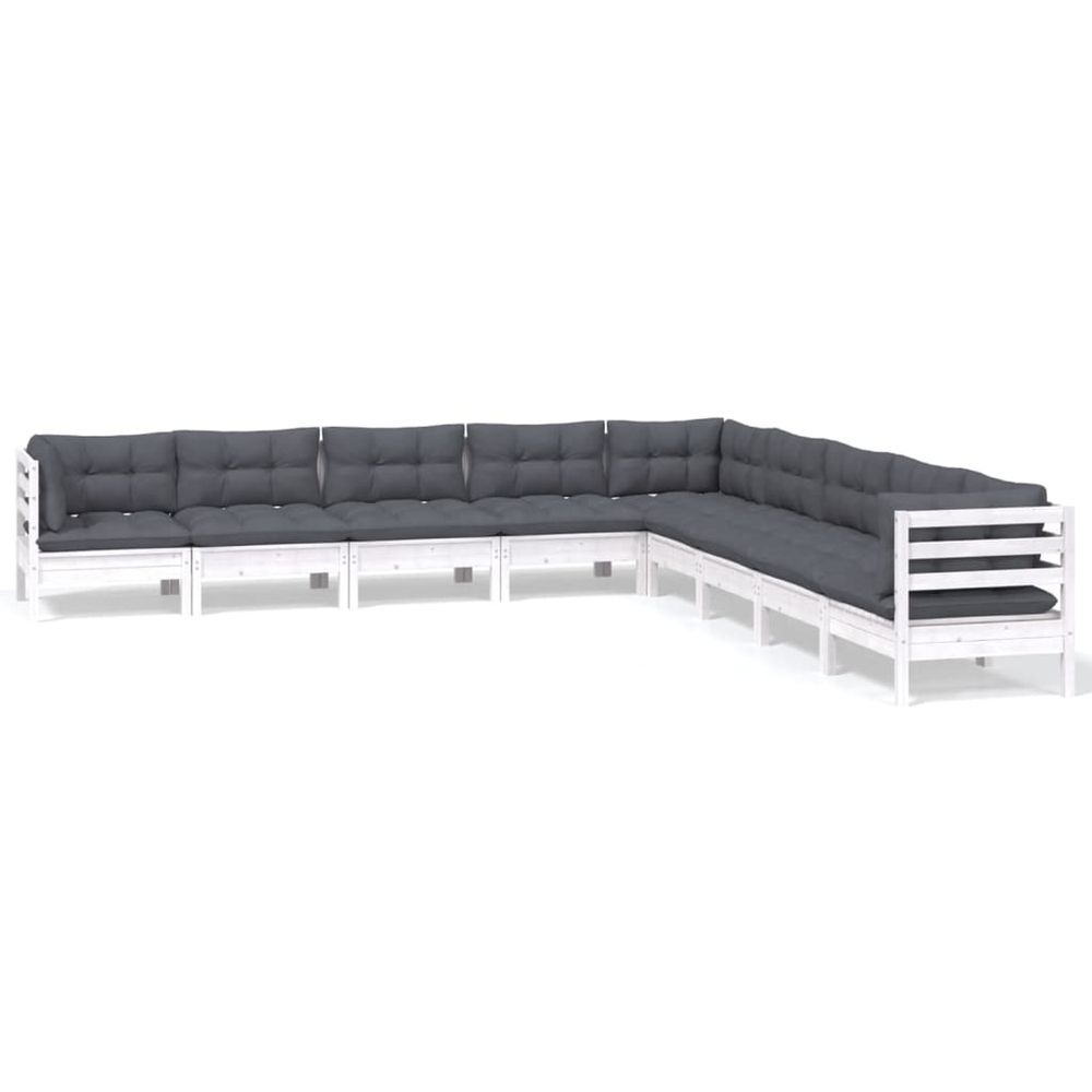 Salon de jardin 9 pcs avec coussins blanc bois de pin massif