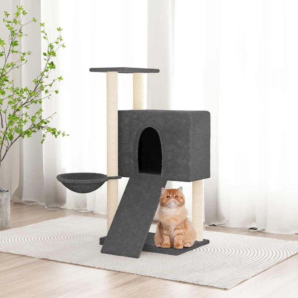 Arbre à chat compact en sisal avec niche hamac et échelle pour chat gris foncé 96 cm