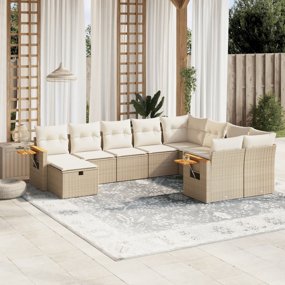 Salon de jardin avec coussins 10 pcs beige résine tressée