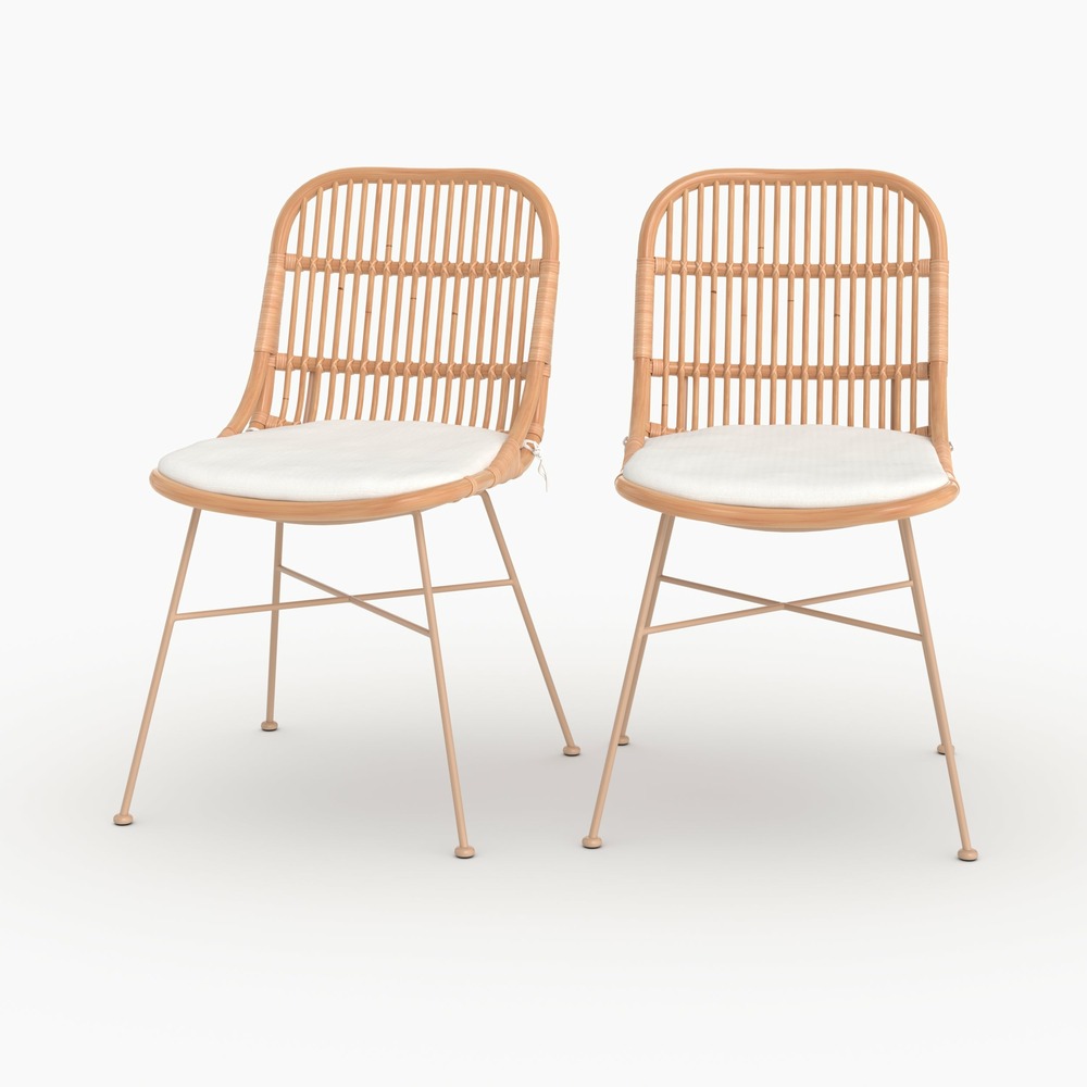 Moon-lot de 2 chaises en rotin beige et pieds en métal beige