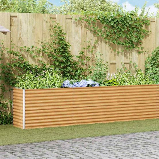 Jardinière surélevée longue en acier galvanisé hauteur confort pour jardiniers passionnés marron clair 485x50x68cm