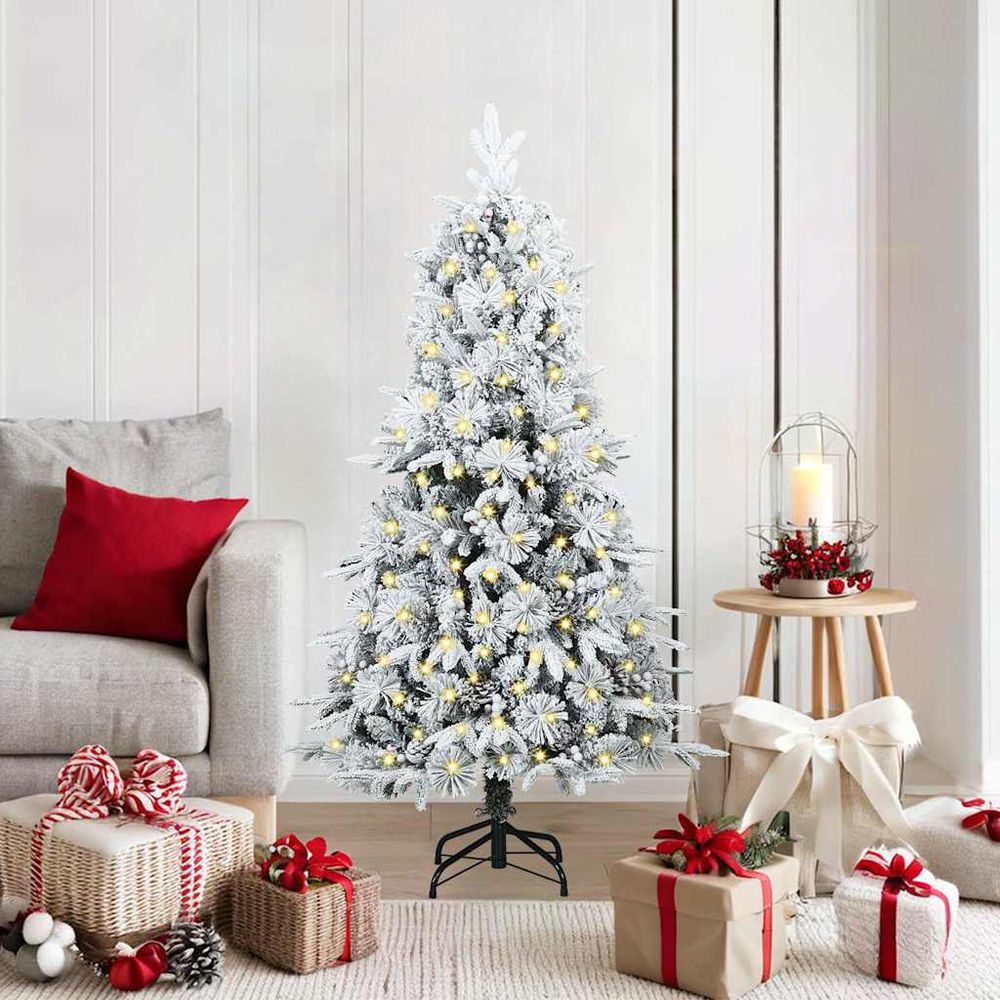 Sapin de noël artificiel 150 cm pvc articulé avec led et pommes de pin vert