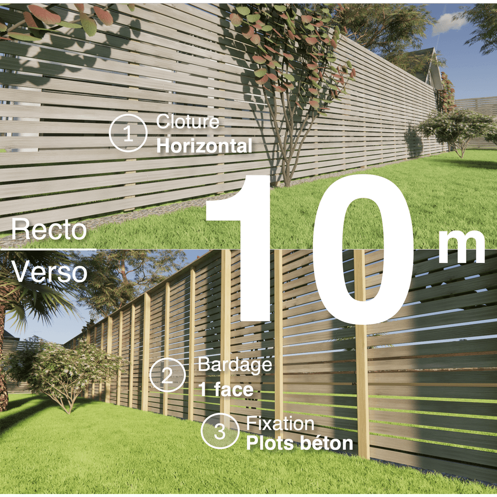 Kit clôture bois moderne 10m – h 2,3m – 20 x 70 mm autoclave gris – pose horizontal – simple face – à sceller