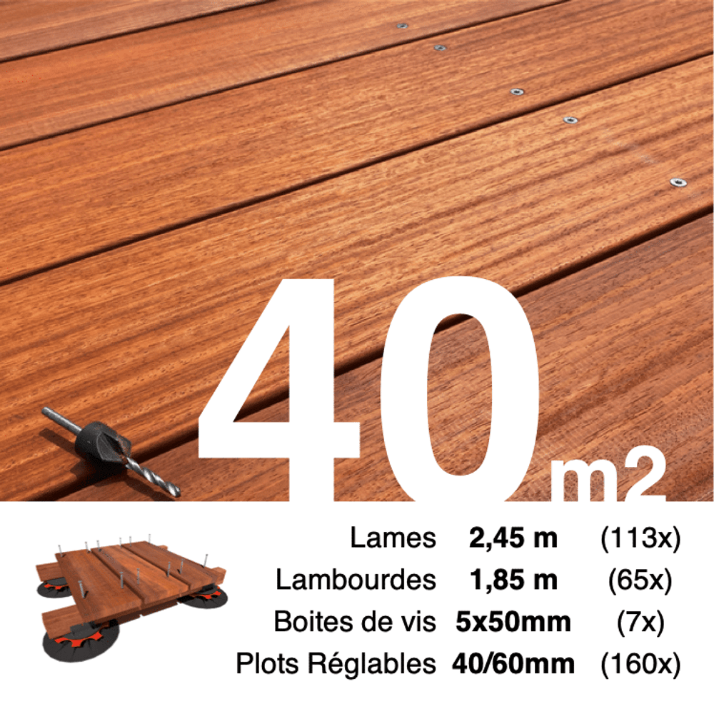 Kit complet terrasse bois exotique padouk pour 40 m², lames 2,45 m, lambourdes 1,85 m, plots réglables et visserie inox.