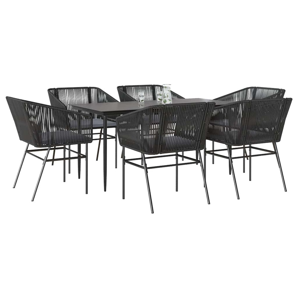 Ensemble à manger de jardin coussins 7pcs noir poly rotin verre
