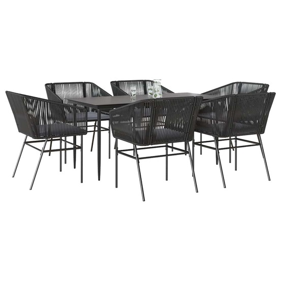 Ensemble à manger de jardin coussins 7pcs noir poly rotin verre