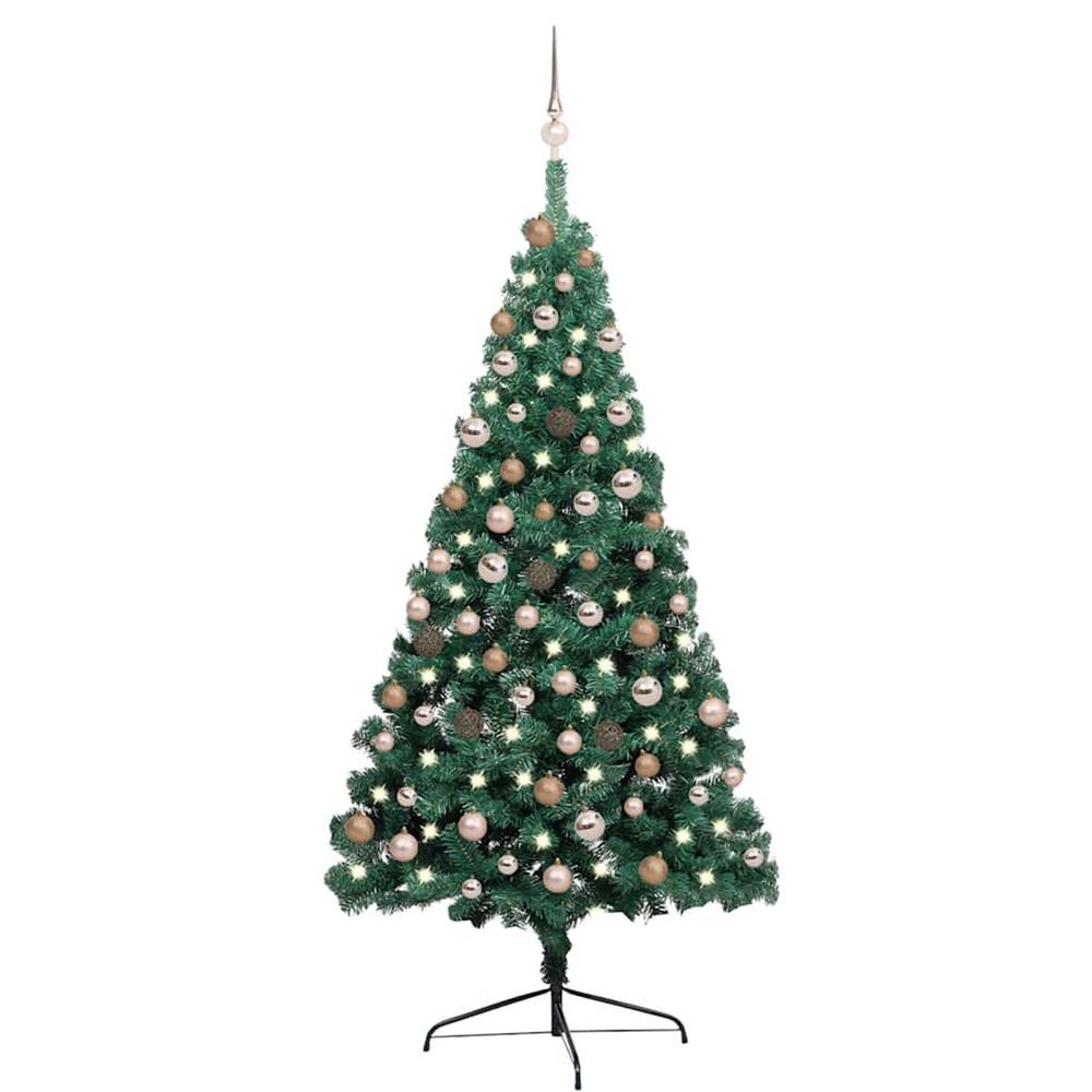 Demi-arbre de noël artificiel pré-éclairé et boules vert 180 cm