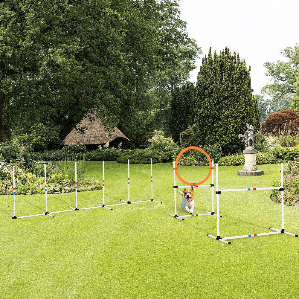 Kit agility chien pe blanc jaune 3 pièces réglable avec haie anneau et slalom pour entraînement intérieur extérieur