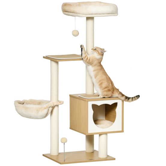 Arbre à chat complet en sisal avec hamac panier et niche 126 cm beige