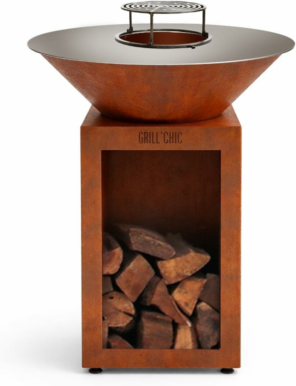 Grill'chic - pack privilège brasero auvergnat corten bois rond - simple cuve - avec bâche + grille + stop food inclus - à assembler