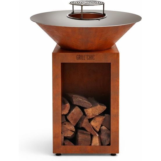 Grill'chic - pack privilège brasero auvergnat corten bois rond - simple cuve - avec bâche + grille + stop food inclus - à assembler