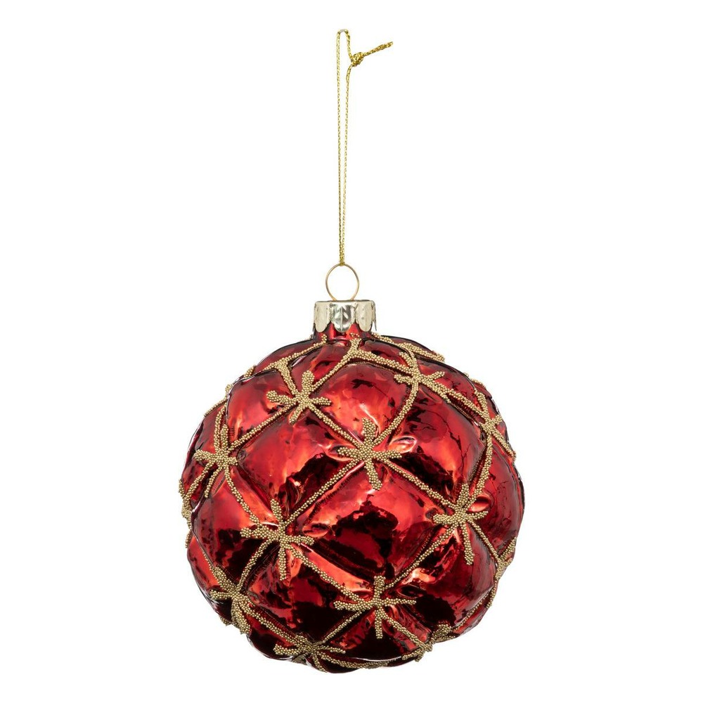 Boule de noël capitons rouge en verre 100mm