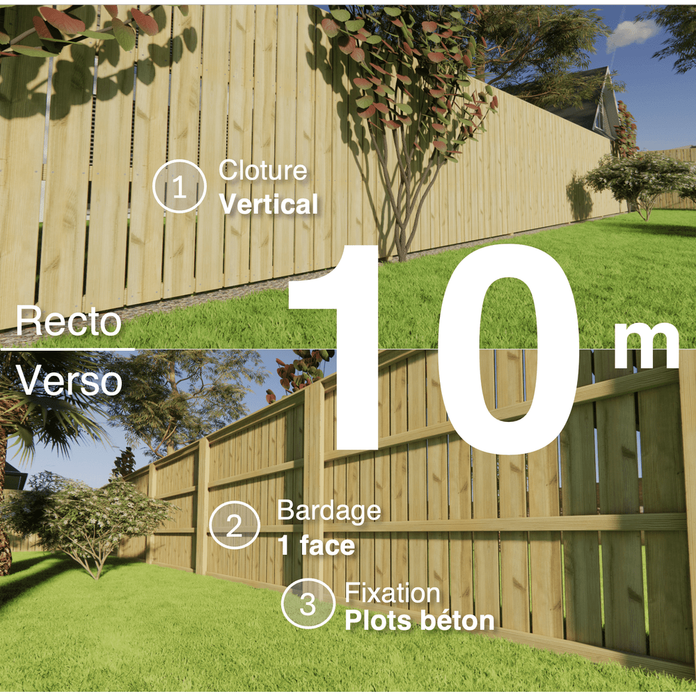 Kit clôture bois moderne 10m – h 1,9m – 21 x 145 mm autoclave vert – pose vertical – simple face – à sceller