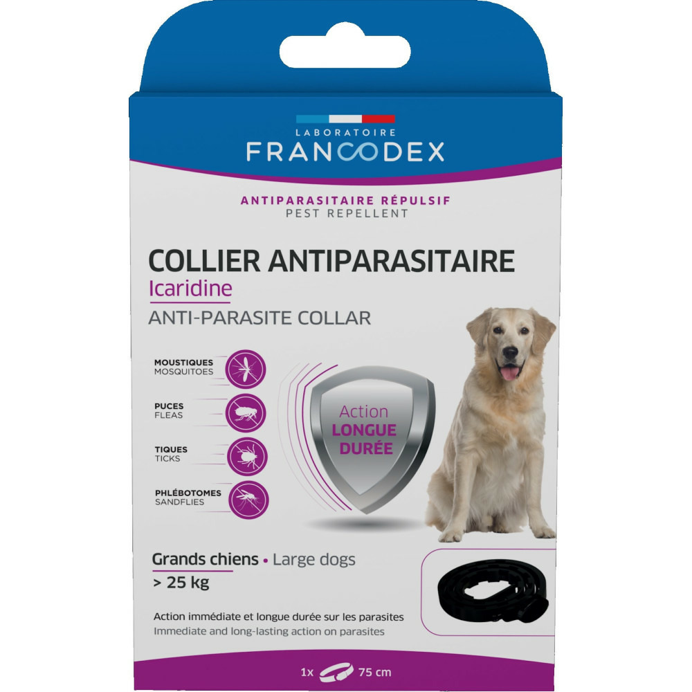 Collier antiparasitaire icaridine 75 cm noir pour chien plus de 25 kg