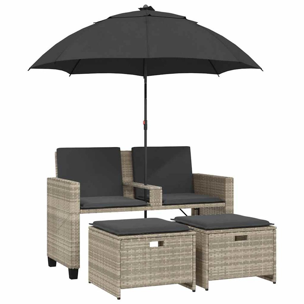 Canapé de jardin 2 places et parasol tabourets gris clair rotin