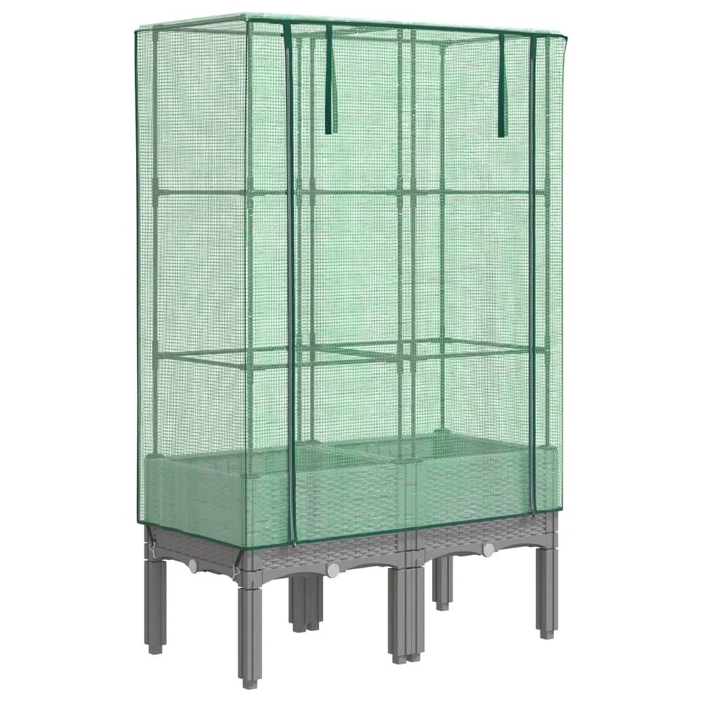 Jardinière bac lit surélevé plantes fleurs terrasse jardin surélevée avec housse aspect rotin 80 x 40 x 140 cm gris clair 02_