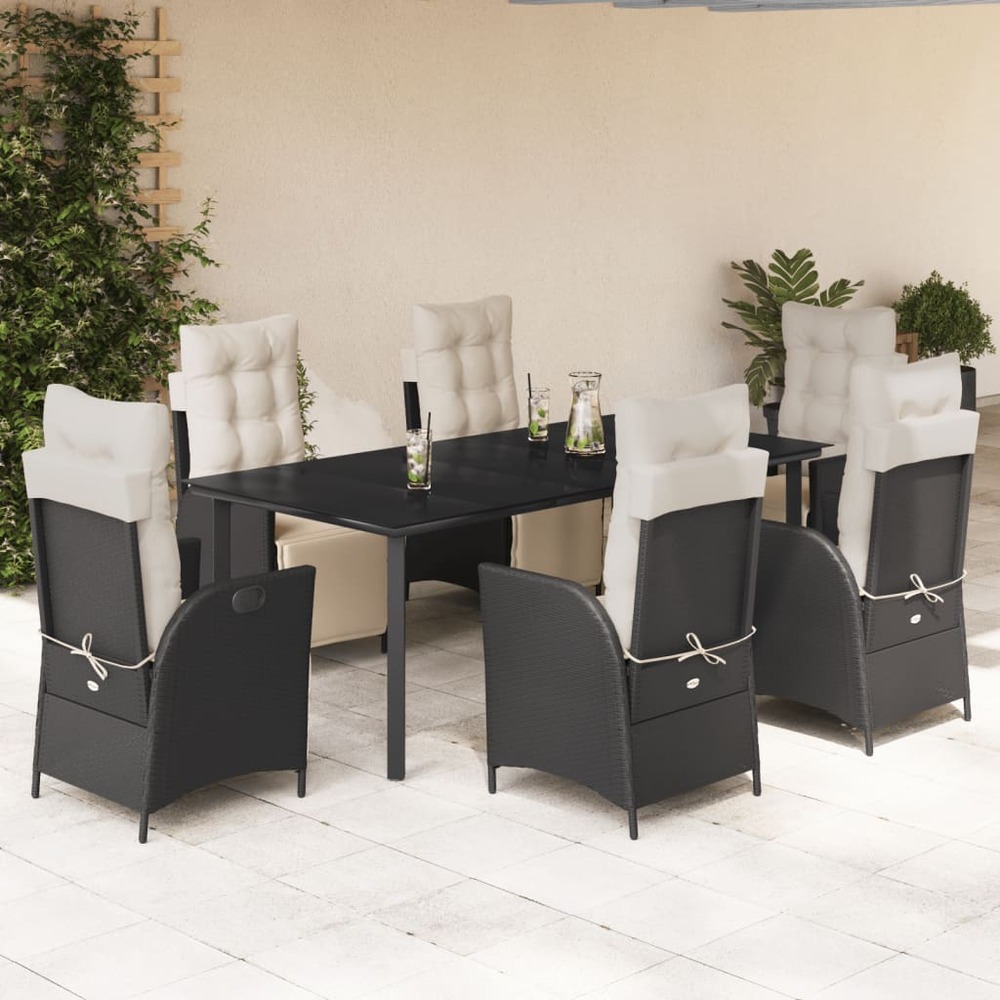 Ensemble à manger de jardin coussins 7pcs noir résine tressée