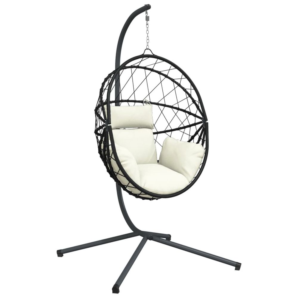 Chaise suspendue en forme d'œuf et support beige rotin et acier